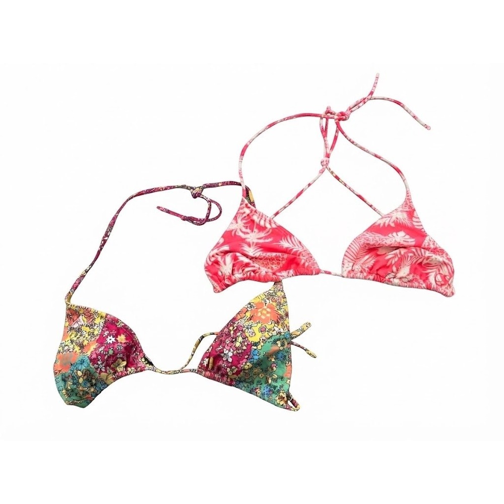 Y2K Retro Triangle Bikini Tops Womens Small Pink Tropical Floral Excellent